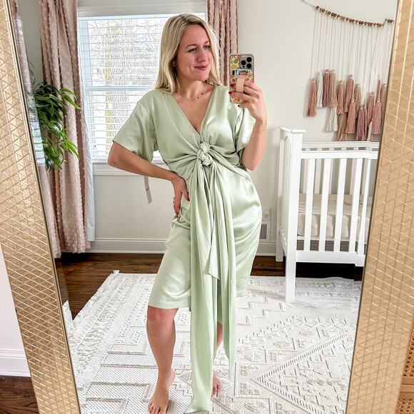 EDUN Liquid Satin Tie Waist Short Sleeve Dress Jade 2 $1100 - Picture 2 of 9